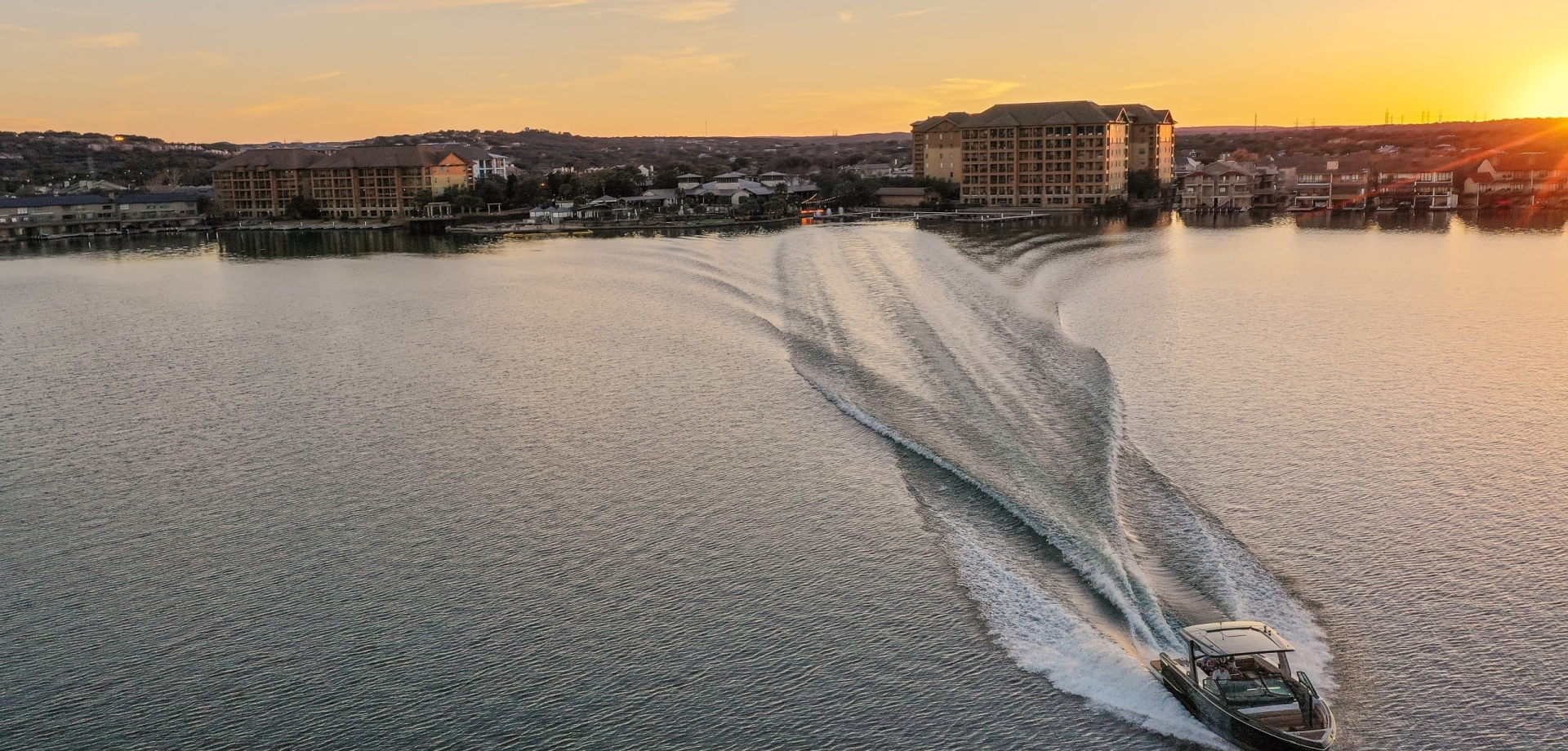 Boat on lake drone view