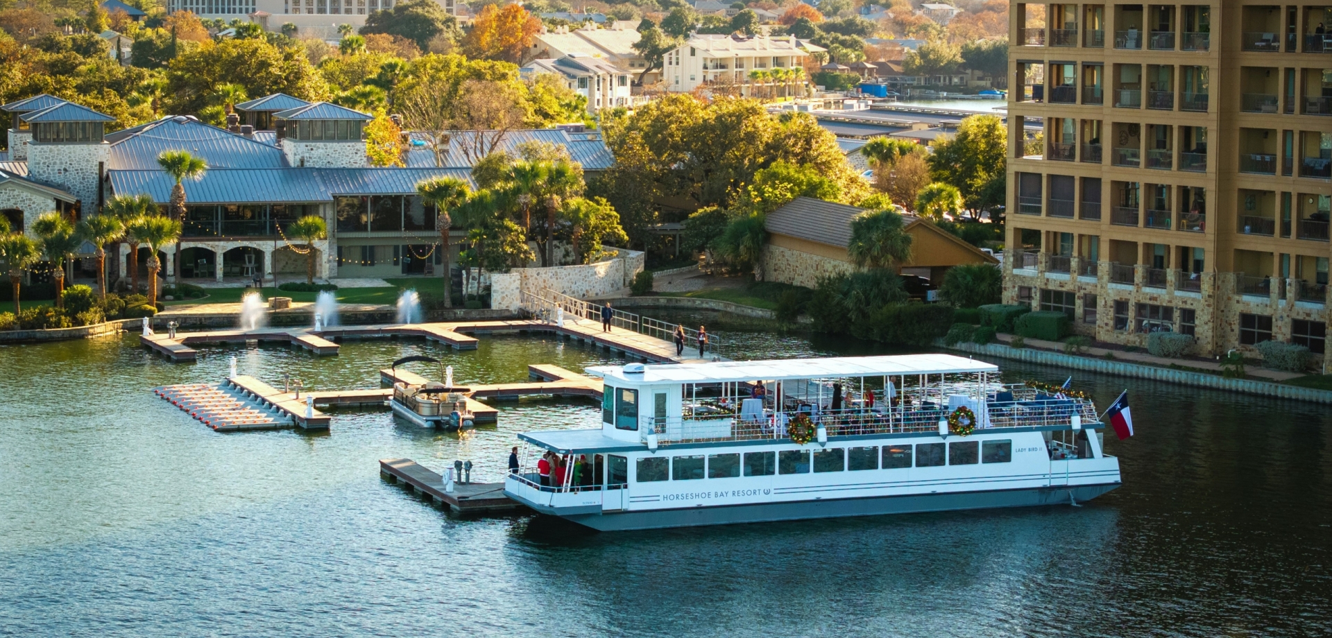 birdseye view of the ledy bird II docked at the marina